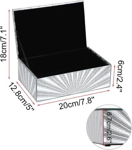 Vista 5 de Hipiwe Joyero de espejo con patrón de sol de diamante triturado, caja grande de cristal para baratijas, caja decorativa plateada, caja de recuerdos