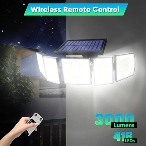 Vista 2 de MDCMDCM Luces solares para exteriores, sensor de movimiento impermeable, 416 LED, 3000 lúmenes, súper brillante, 3 brillo; 3 modos, iluminación