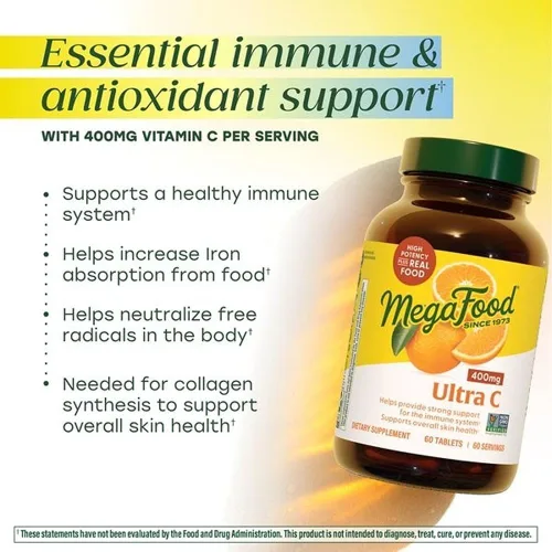 Vista 3 de MegaFood Ultra C 400 mg - Suplemento vegano de apoyo inmunológico de vitamina C, suplemento de vitamina C hecho con alimentos reales que incluyen