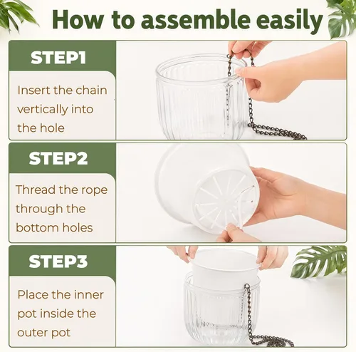 Vista 4 de Pumtus Paquete de 3 macetas colgantes para plantas de interior, maceta de riego automático de 6.5 pulgadas con orificio de drenaje, cesta colgante