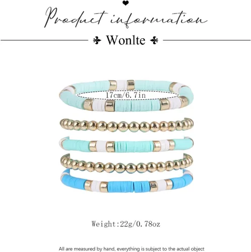 Vista 5 de Wonlte - Juego de pulseras de cuentas de arcilla Heishi, pulseras elásticas apilables con cuentas de mal de ojo, pulseras elásticas apilables