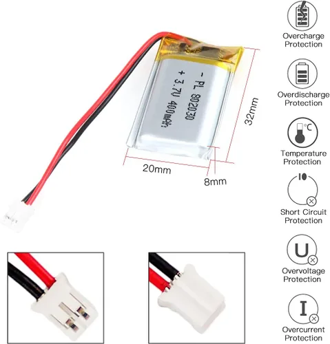 Vista 2 de Batería de 3.7V 400mAh 802030 Li-ion Li-Po recargable de iones de litio con conector de paso de 2P PH 0.079 in