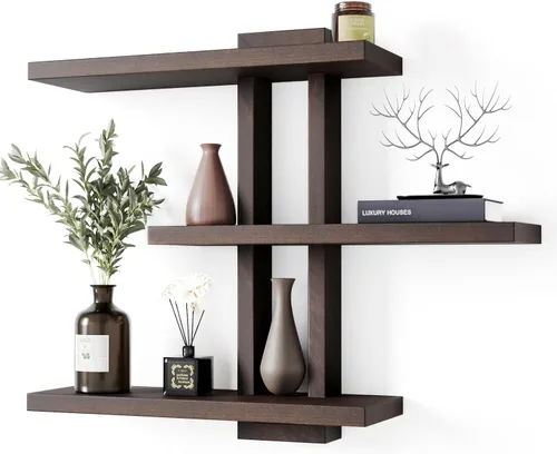 Vista 7 de yaqew Estantes flotantes variables de madera, juego de 4, estantes para baño de 28.35" máx., estantes de pared rústicos para sala de estar
