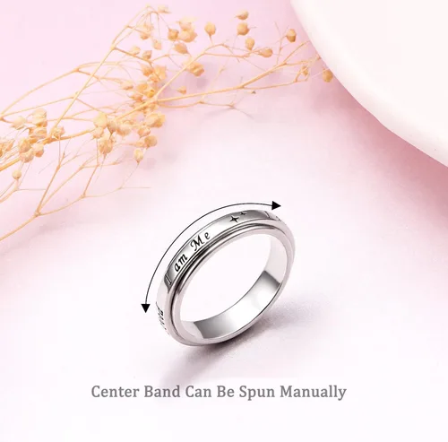 Vista 2 de Anillo giratorio con texto en inglés "I am me", de plata de ley 925, con fases lunares, para aliviar la ansiedad, el estrés, seguir adelante, TDAH