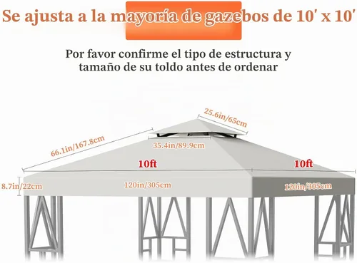 Vista 5 de Toldo de repuesto para cenador de 10 x 10 pies, refugio al aire libre para parte superior más pequeña, cubierta de dosel de doble nivel (beige)