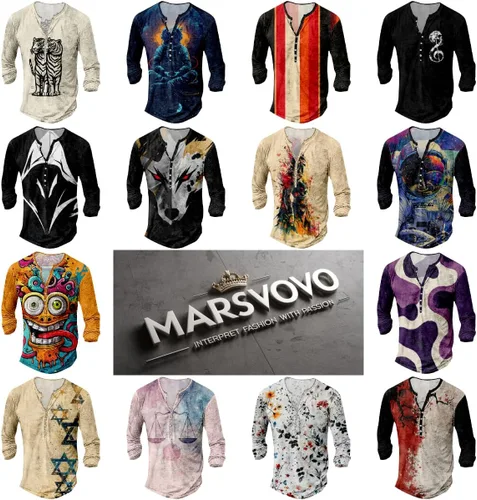 Vista 5 de MARSVOVO Camisetas Henley para hombre, camisetas gráficas artísticas, cuello en V, sin cuello, manga larga, casual, ajustadas, camisas