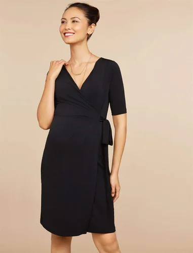 Vista 2 de Motherhood Maternity Vestido cruzado con manga de codo para mujer con lazo en la cintura