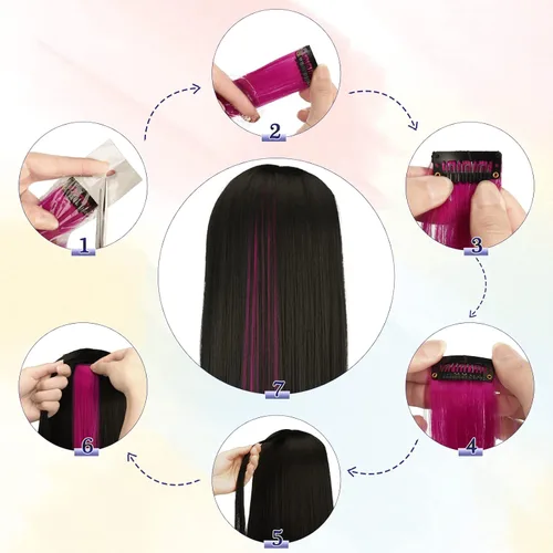 Vista 7 de BARSDAR Extensiones de cabello negro con clip, extensiones de cabello con clip de color para mujer, 22 pulgadas, 12 piezas, extensiones sintéticas