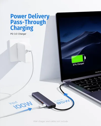Vista 6 de Hub USB C 6 en 1 de 10 Gbps, adaptador HDMI multipuerto para MacBook 4K a 60Hz a USB C 3.2, puertos USB-3.2 de 3 puertos, 100 W PD, lector de crard