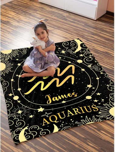 Vista 4 de Manta personalizada de acuario, manta de franela suave con horóscopo, acogedora y ligera para sofá y cama, regalo práctico, unisex, talla XS, 40 x