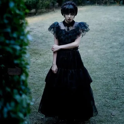 Vista 7 de Vestido Wednesday Addams para niñas, vestido de Merlina para niñas, vestido Wednesday Addams para niños, con peluca de miércoles para niños