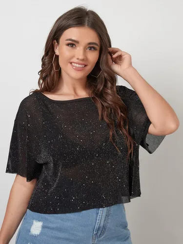 Vista 4 de OYOANGLE Camiseta corta de malla con purpurina para mujer, talla grande, transparente, manga corta