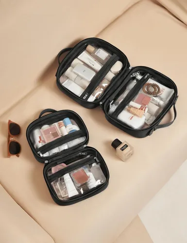Vista 7 de Bolsa de Cosméticos Transparente de Doble Capa Bolsa de Artículos de Tocador de Viaje Bolsa de Maquillaje Transparente Estuche con 4 Compartimentos