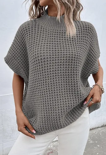 Vista 2 de Viottiset Suéter de manga corta de murciélago para mujer, cuello alto falso, suéter de punto sin mangas para otoño