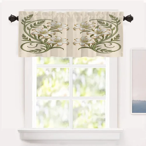 Vista 59 de Shrahala Art Nouveau Floral Pattern Blackout Curtain Tiers, Delicate Vine and Flower Design Kitchen Valance Light Blocking Tier Drapes with Rod
