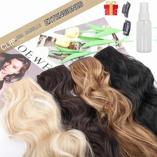 Vista 6 de 4 piezas de extensiones de cabello rizado con clip, color dorado oscuro, mezcla de rubio beige, sintético de 20 pulgadas de largo, extensiones