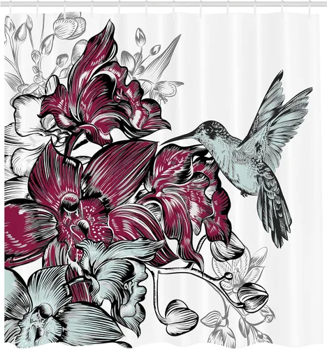 Vista 2 de Ambesonne Cortina de ducha de colibrí, ramo de flores de orquídea y un colibrí, impresión de diseño de naturaleza silvestre, juego de decoración