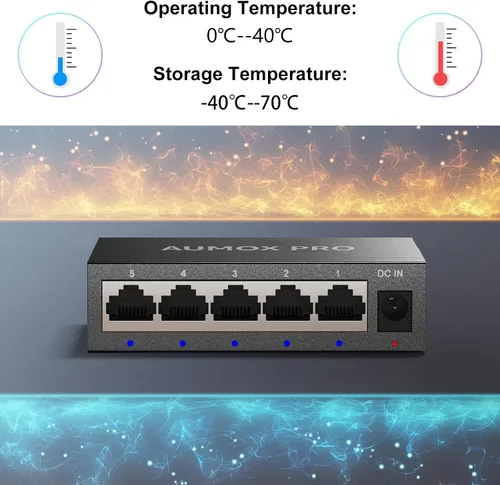 Vista 4 de Conmutador Ethernet Gigabit no administrado de 5 puertos, concentrador de red AUMOX PRO Home, divisor Ethernet de oficina, Plug-and-Play