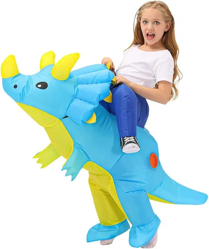 Vista 2 de Disfraz inflable azul Triceratops Ride Dinosaur Air Blow-up Deluxe Halloween Suit para adultos, niños y niños pequeños