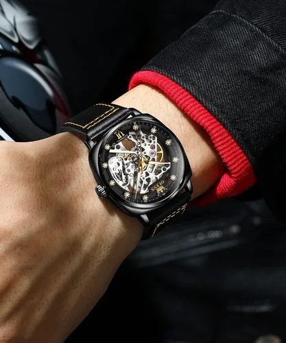 Vista 4 de OUPINKE Relojes automáticos de esqueleto para hombre, mecánica, cuerda automática, correa de cuero elegante, estilo steampunk, luminoso
