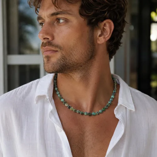 Vista 2 de GAVU Collar con cuentas anudadas a mano para hombre, Collar de cristal para hombres turquesa (African Turquoise)