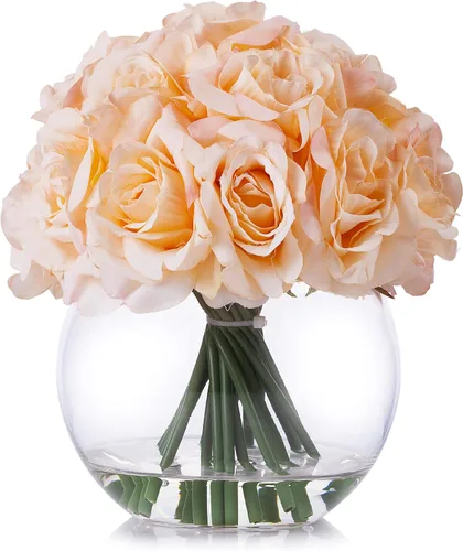 Vista 5 de Arreglo floral de rosas abiertas de seda de 21 cabezas en jarrón redondo de vidrio con agua sintética para decoración de centros de mesa de boda