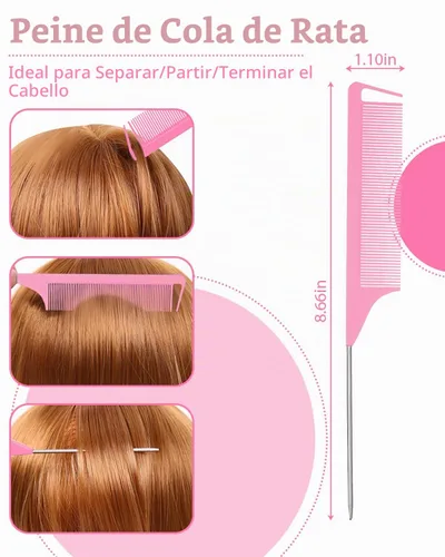 Vista 4 de Cepillo para alisar el cabello hacia atrás, cepillo de borde, set de peines y accesorios para el cabello 3 piezas, peine de cola de ratón