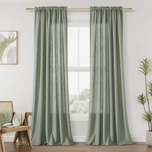 Vista 101 de Guken Cortinas de lino verde aguamarina de 96 pulgadas de largo, juego de 2 paneles con bolsillo para varilla semi transparentes para comedor Aqua