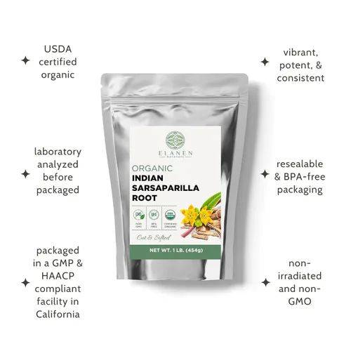Vista 4 de Elanen Naturals Raíz de zarzaparrilla orgánica de 1 libra (16 onzas), té de sarsaparrilla indio orgánico certificado por USDA, hemidesmus indicus
