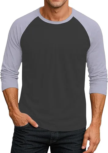 Vista 14 de Camiseta de béisbol raglán para hombre, manga larga, cuello redondo, tela ligera que absorbe la humedad para uso casual