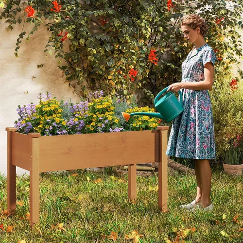 Vista 2 de HAPPYGRILL - Cama de jardín elevada, caja de jardín de madera para exteriores con patas, agujeros de drenaje, tela de revestimiento de jardín negra