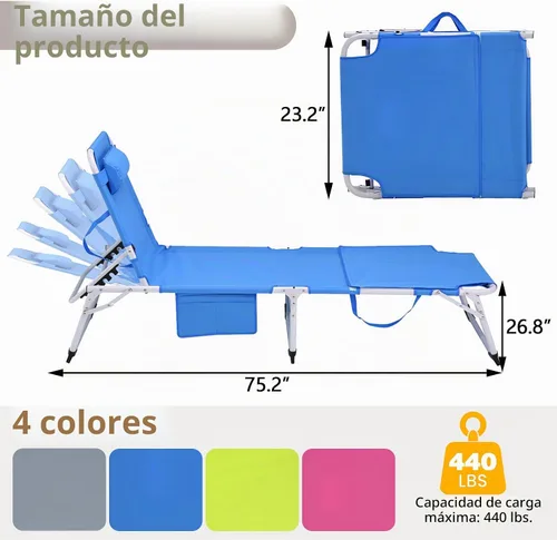 Vista 2 de Silla de bronceado resistente 3 en 1 con orificio para la cara, ajustable de 5 posiciones, sillas tumbonas plegables portátiles que se reclinan Azul