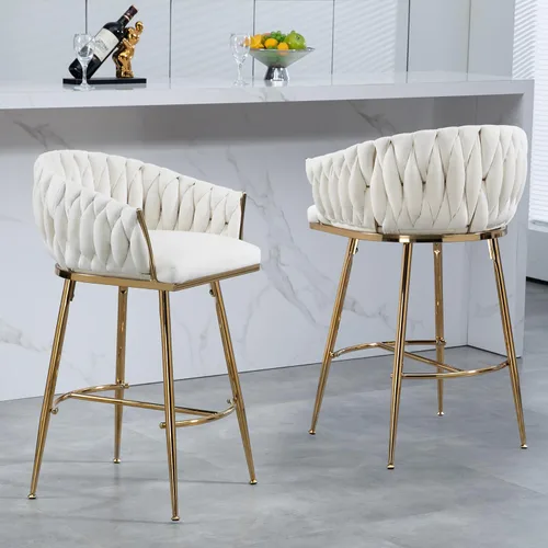 Vista 4 de Taburete de bar de 26 pulgadas de altura de mostrador, taburete de bar de terciopelo para isla de cocina, con respaldo ondulado, base cromada dorada