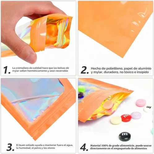 Vista 6 de Funfery 100 bolsas holográficas de Mylar naranja, cremallera resellable