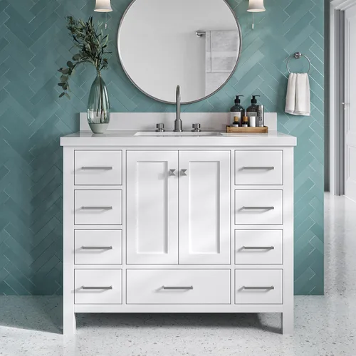 Vista 23 de DKB Isabella - Mueble de baño negro de 42 pulgadas con fregadero, lavabo rectangular, encimera de cuarzo blanco puro y protector contra salpicaduras