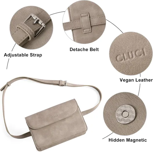 Vista 5 de CLUCI Riñoneras para mujer, bolsa cruzada de cuero vegano con correa ajustable, bolsa de cintura de moda, Gris