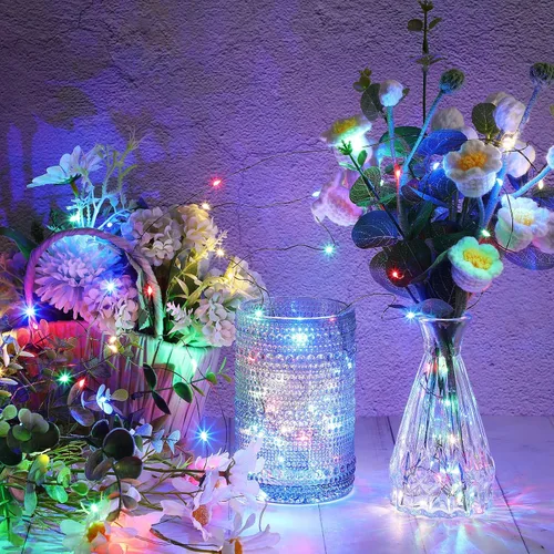 Vista 4 de Remagr 4 paquetes de luces de hadas navideñas de cadena, luces LED de alambre verde impermeables, funciona con pilas, con control remoto, 8 modos