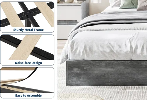 Vista 5 de IDEALHOUSE Marco de cama de plataforma tamaño individual, soporte de listones de madera, no necesita somier, fácil montaje Wooden Slat Support,No