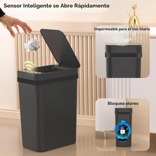 Vista 4 de FRESHLIX Paquete de 3 cubetas de basura para baño 2.6 galones, cubetas de basura automáticas delgadas sin contacto con sensor de movimiento, cubetas