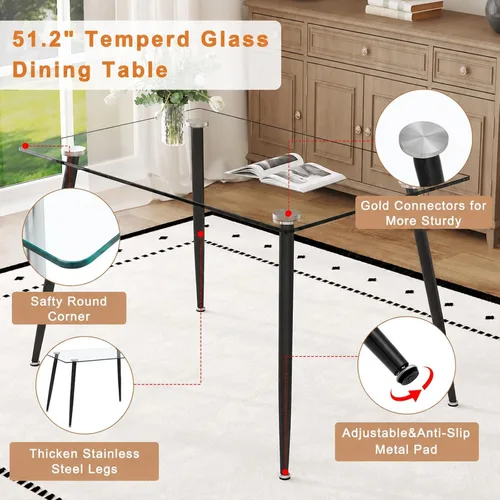 Vista 4 de Juego de mesa de comedor de vidrio Ebullient para 4, mesa de 51" de vidrio templado transparente con patas de metal negro y 4 sillas de acrílico