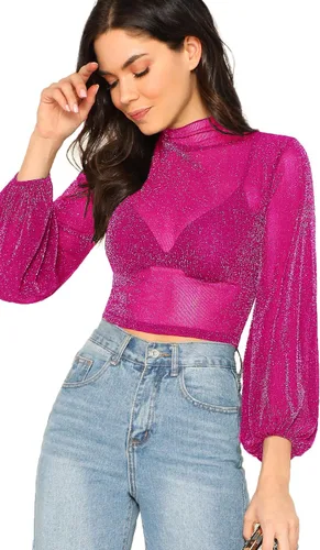 Vista 3 de ROMWE - Blusa para mujer con manga obispo brillantina y malla transparente