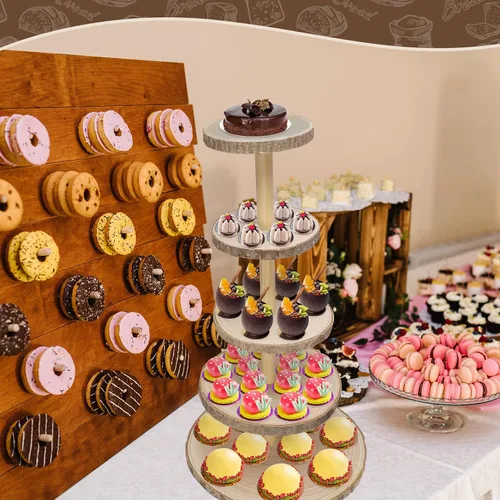 Vista 3 de Ayfjovs Soporte de madera para cupcakes de 5 niveles, soporte de madera rústica para tartas, soporte de exhibición de postres, rebanadas de madera