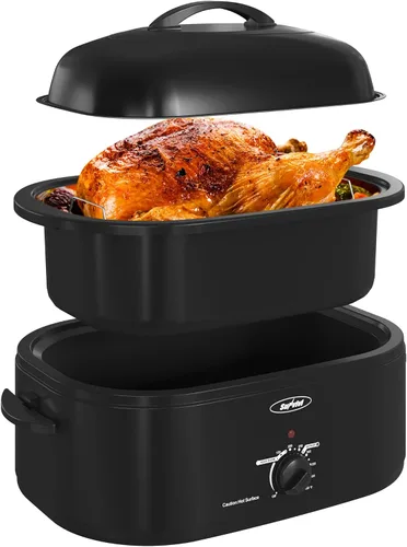 Vista 16 de Sunvivi Horno asador eléctrico con tapa visible, horno asador de pavo de 24 cuartos de galón con sartén y estante extraíbles, acero inoxidable