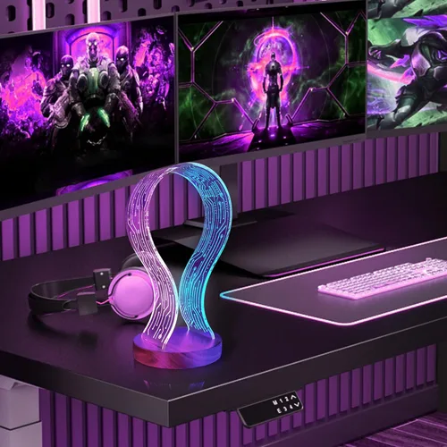 Vista 4 de Lampeez Soporte para auriculares con luz nocturna LED azul y rosa, madera de nogal para jugadores, amantes de la música, idea de regalo