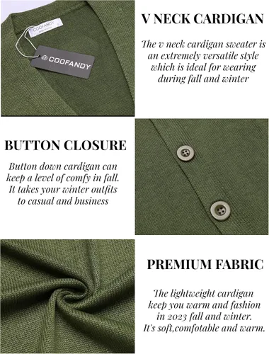 Vista 5 de COOFANDY Suéter de punto con cuello en V para hombre, casual, ligero, con botones