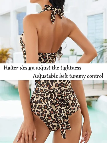Vista 2 de Shen&Qege Traje de baño para mujer, cuello en V profundo, espalda desnuda, traje de baño de una pieza con cinturón ajustable