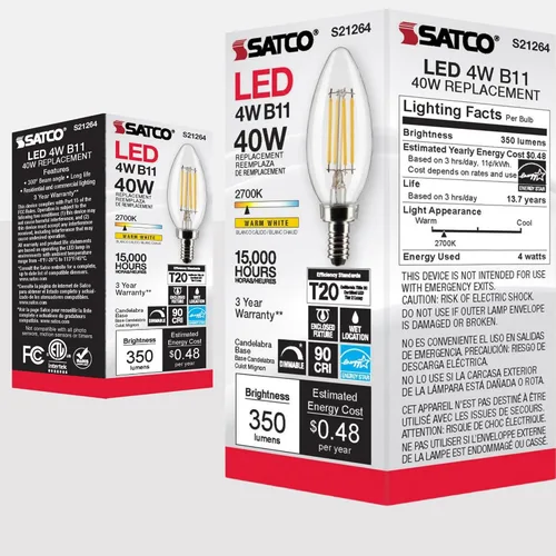 Vista 7 de Satco Lámpara LED, S21264 4B11/LED/927/CL/120V/E12, bombilla B11 de 4 W, transparente; base de candelabro; 90 CRI; 2700 K; 120 voltios