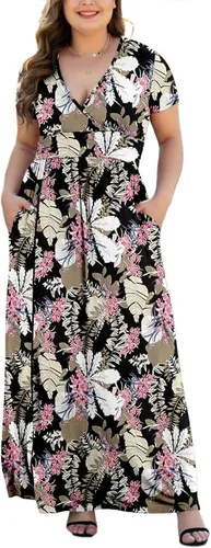 Vista 19 de Maxi vestido casual para mujer, diseño de manga corta con cuello en V y bolsillos, tallas L-5XL A01-negro