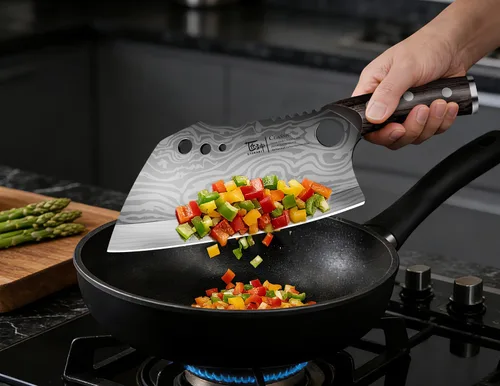 Vista 7 de SYOKAMI Cuchillo de chef con funda, cuchillo de carnicero de 7.7 pulgadas con pelador de hierbas, cuchillo de cortar huesos resistente, mango