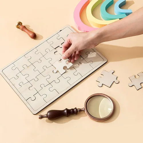 Vista 3 de Deekin 30 hojas de rompecabezas de madera sin terminar personalizables, piezas de madera en blanco, cosas de forma libre para pintar, escribir